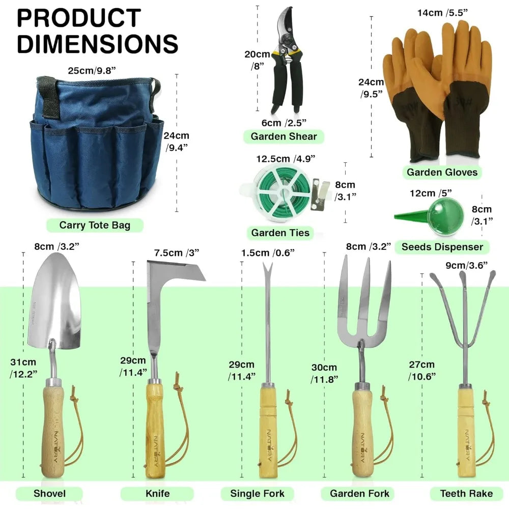 Garden Tools Set – Premium Stainless Steel Gardening Hand Tools with Solid Beechwood Handle – Gardening Kit with Rake, Shovel
