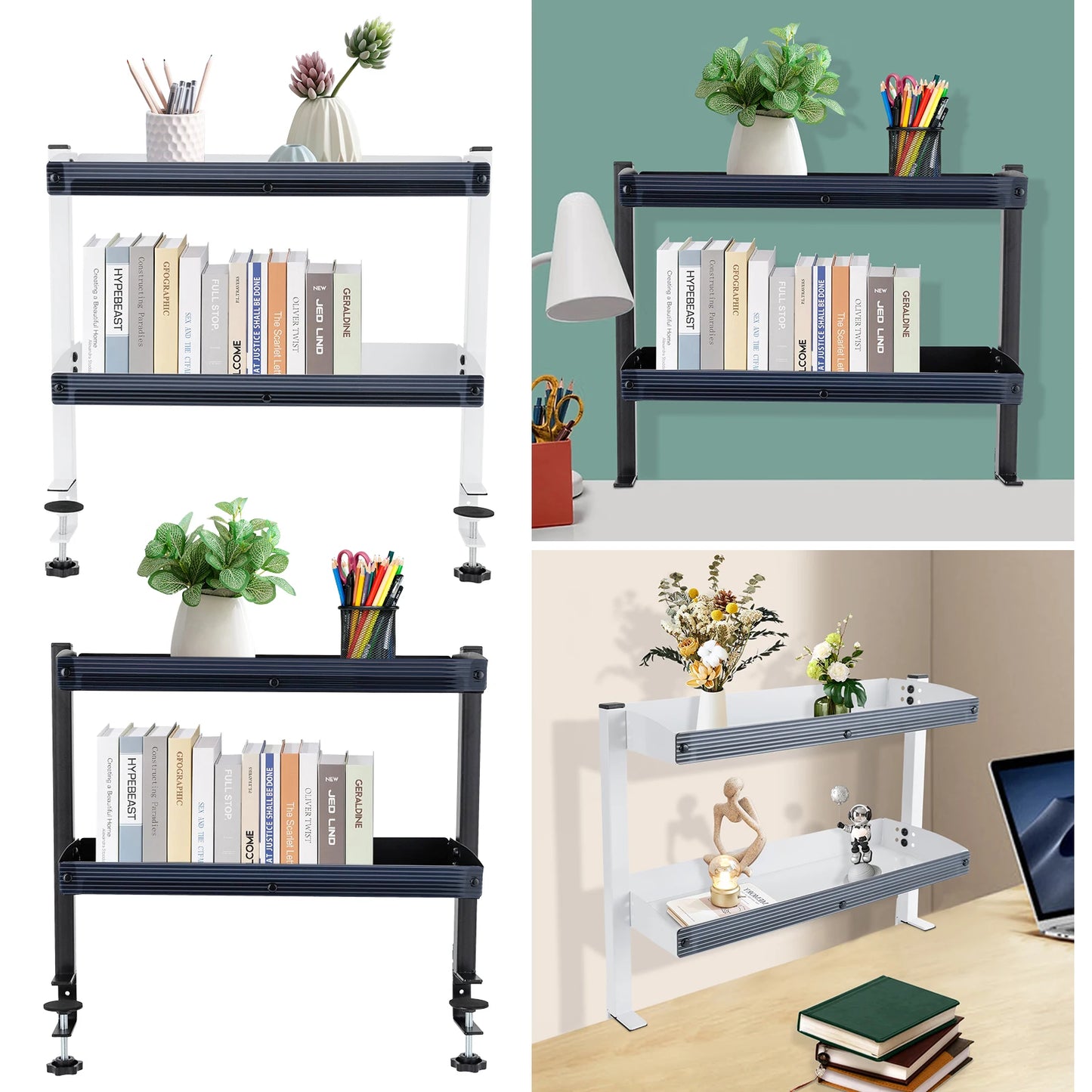 2-Tier Clamp-on Desk Shelf Space-saving Holder Shelving with Adjustable Storage Tray Black/White