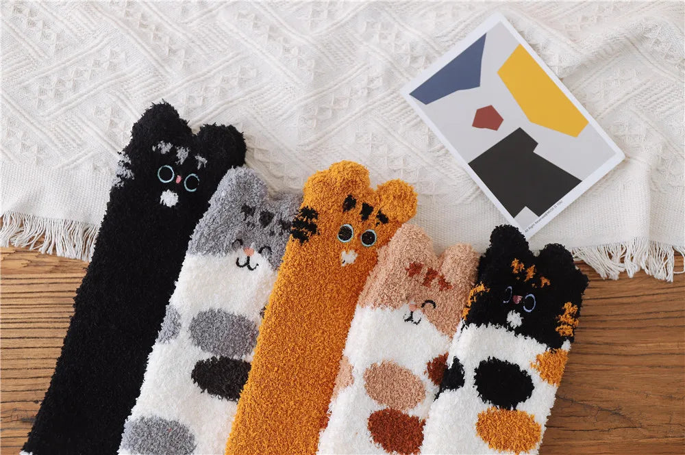 5 Pairs New Three-dimensional Ear Embroidery Cat Claw Coral Fleece Socks Cartoon Cat Confinement Warm Women Sleeping Socks