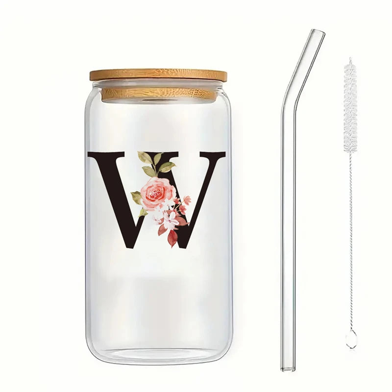 Alphabet Flowers Drinking Glass Letter A-Z Iced Coffee Water Juice Bottle Portable Clear Cup with Lid Straw Brush Birthday Gifts