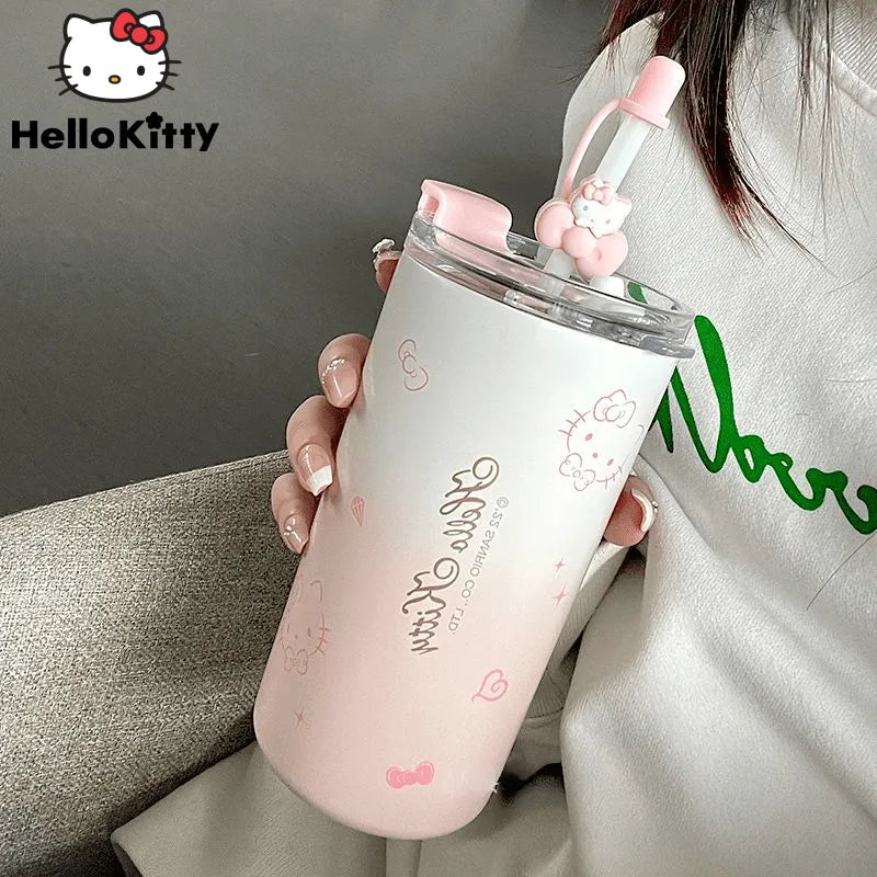 Sanrio Hello Kitty Tumbler With Straw Cup 480ml Coffee Student High Value Straw Adult Small Fresh Straight Drinking Office Cup