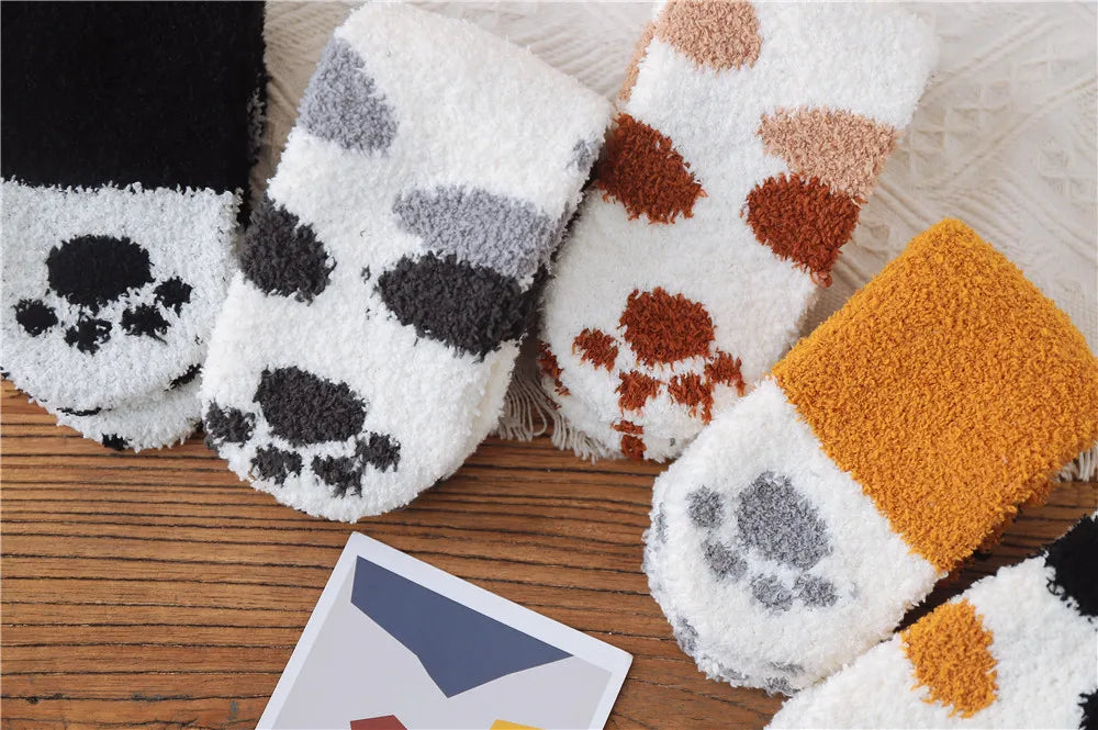 5 Pairs New Three-dimensional Ear Embroidery Cat Claw Coral Fleece Socks Cartoon Cat Confinement Warm Women Sleeping Socks