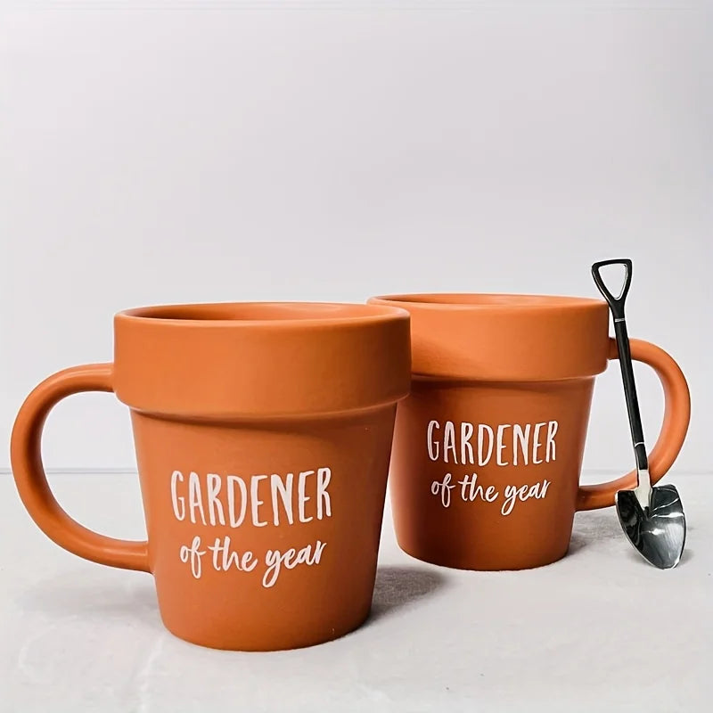1set Gardener Coffee Cup Gift Funny Plant Pot Mug with Shovel Spoon Cool Coffee Mug for Men Women Mug for Gardener Birthday Gift