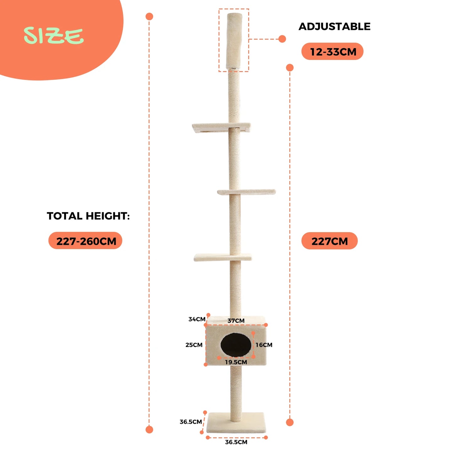 H239-275cm Cactus Cat Tree Floor to Ceiling for Indoor Cat 5-level Adjustable Tall Tower Natural Thicken Scratching Post Hummock