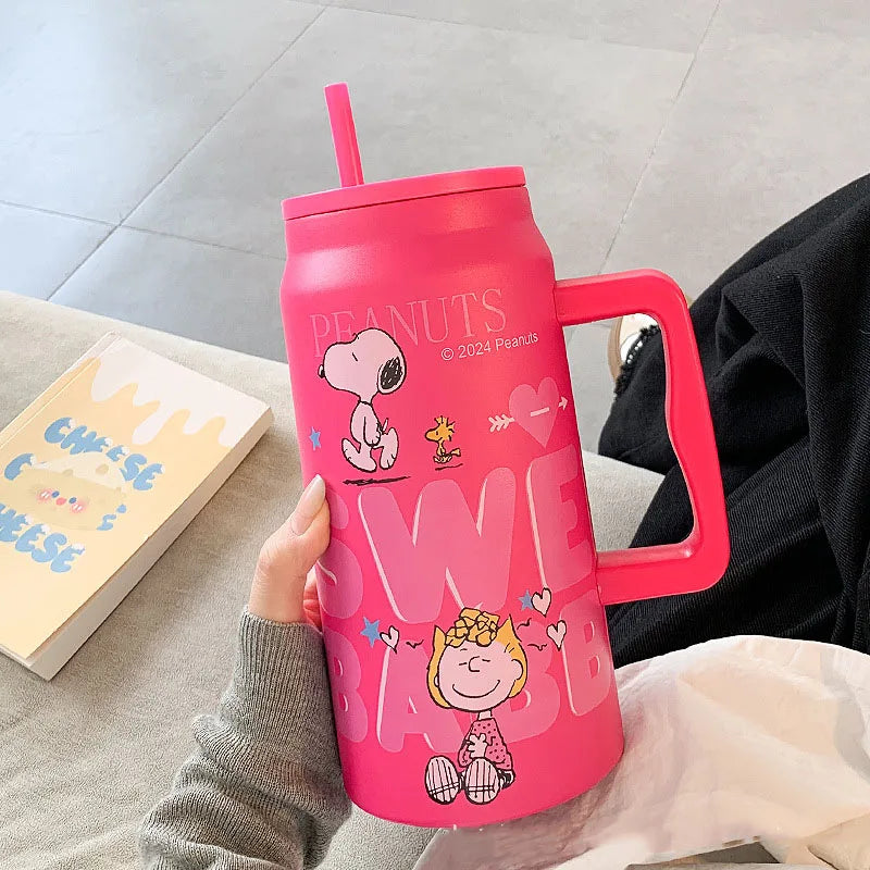 MINISO Snoopy Insulated Cup Large Capacity Straw Water Cup Black Portable Stainless Steel Cup Children'S Travel Cup