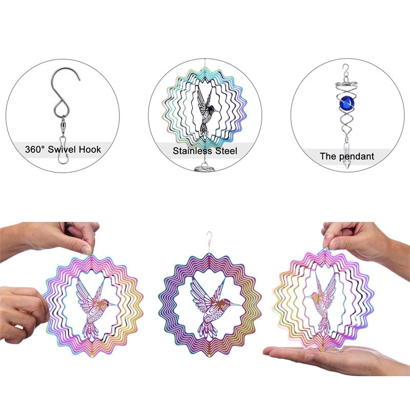 3D Hummingbird Wind Chimes Crystal Sun Catcher Stained Glass Pendant Garden Decoration Birds Wind Spinner Home Decor Accessories