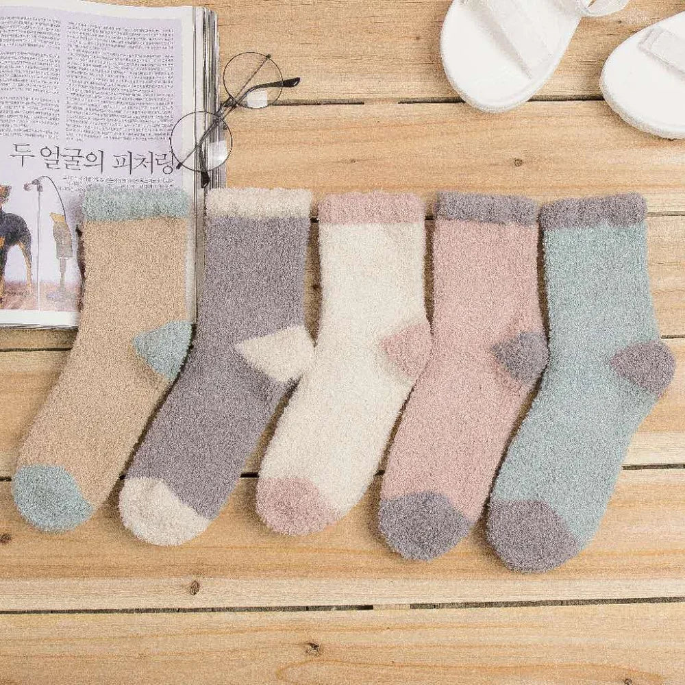 5 Pairs New Three-dimensional Ear Embroidery Cat Claw Coral Fleece Socks Cartoon Cat Confinement Warm Women Sleeping Socks