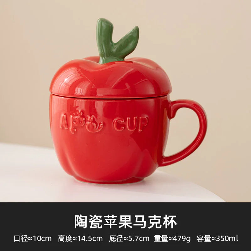 Ceramic Mug Cartoon Apple Fruit Shape Cover Band Tomato Coffee Cup Children's Breakfast Milk Mug Festivals Birthday Present
