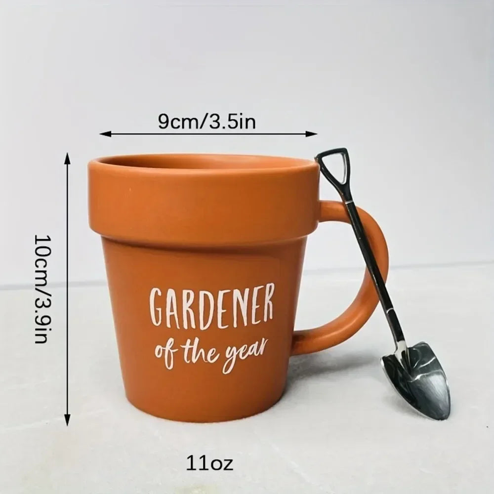 1set Gardener Coffee Cup Gift Funny Plant Pot Mug with Shovel Spoon Cool Coffee Mug for Men Women Mug for Gardener Birthday Gift