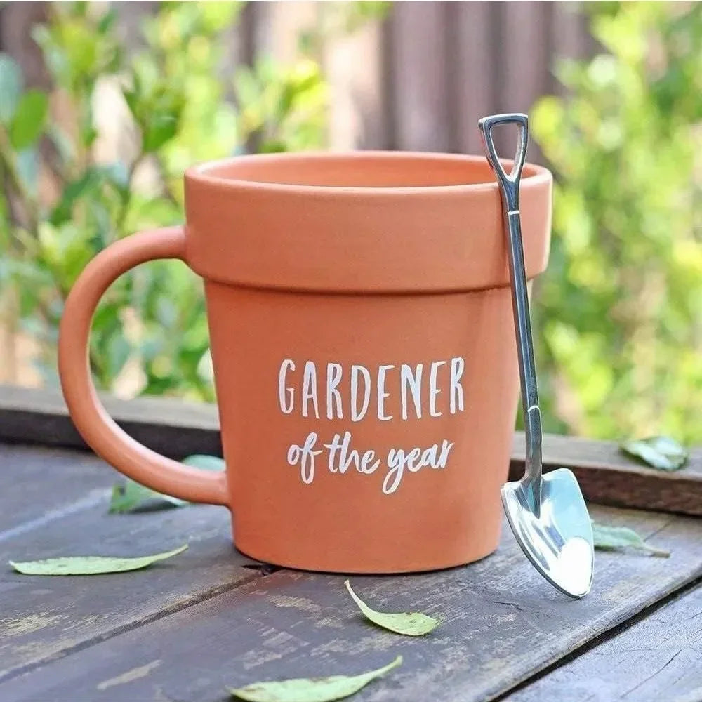1set Gardener Coffee Cup Gift Funny Plant Pot Mug with Shovel Spoon Cool Coffee Mug for Men Women Mug for Gardener Birthday Gift