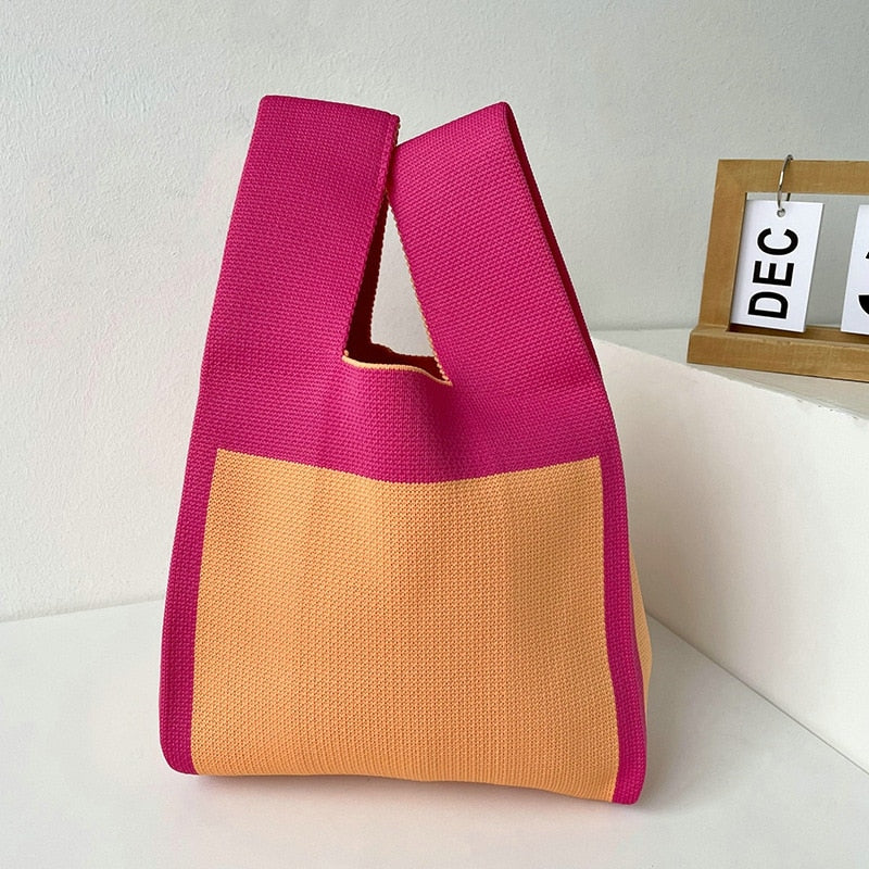 Knit Handbag Women Wrist Bag Korean Casual Wide Stripe Plaid Tote Bag Foldable Eco Shopping Bag Reusable Grocery Storage Bag