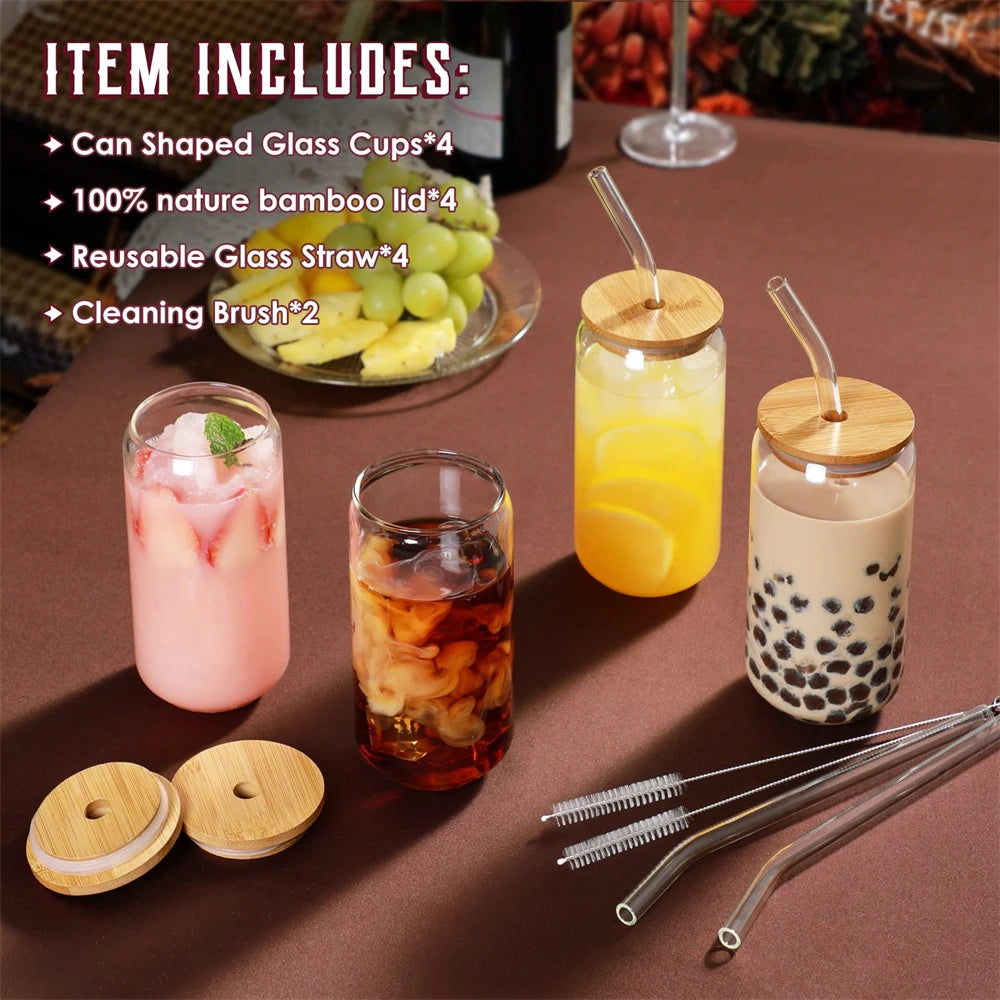 1/4/6pcs Set Glass Cup With Lid and Straw Juice Glass Beer Can Milk Mocha Cup Transparent Bubble Tea Cup High Borosilicate Glass