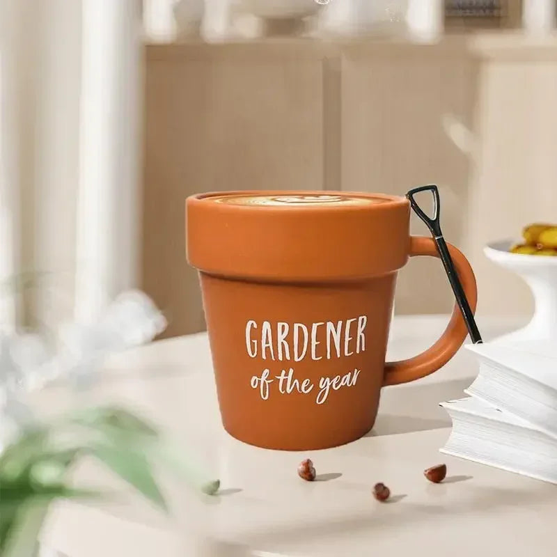 1set Gardener Coffee Cup Gift Funny Plant Pot Mug with Shovel Spoon Cool Coffee Mug for Men Women Mug for Gardener Birthday Gift