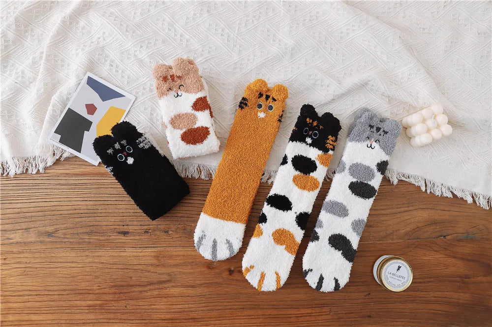 5 Pairs New Three-dimensional Ear Embroidery Cat Claw Coral Fleece Socks Cartoon Cat Confinement Warm Women Sleeping Socks