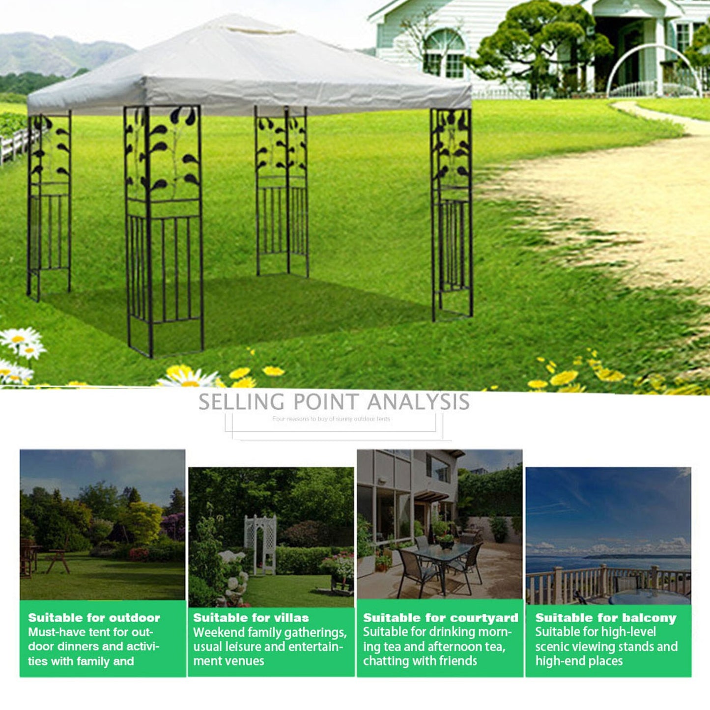 3x3M Garden Camping Awning Tent Shelter Waterproof Outdoor Tent Canopy Top Roof Sun Shadow Cover Gazebos Patio Garden Buildings
