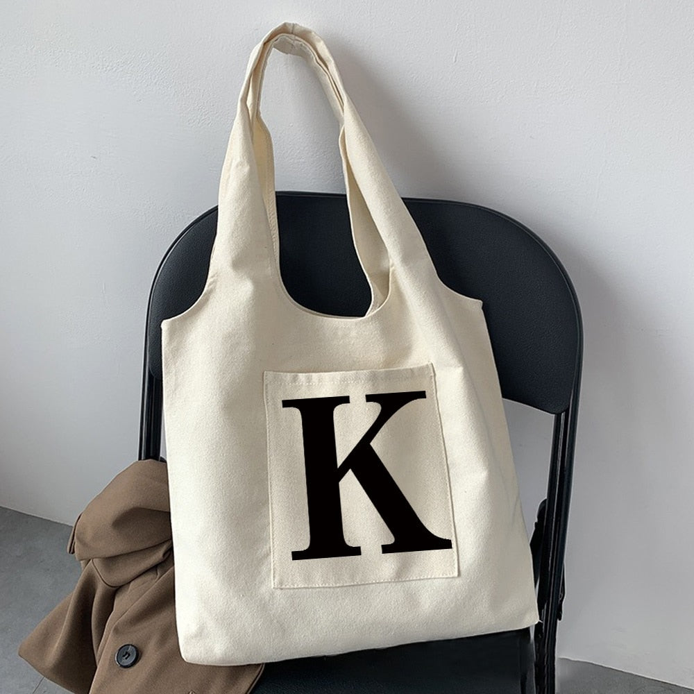 Women Fashion Shopping Bag Street Casual Hobo Commuter Bag Initial Name Graphic Print Beige Ladies Tote Bag Canvas Repeatable