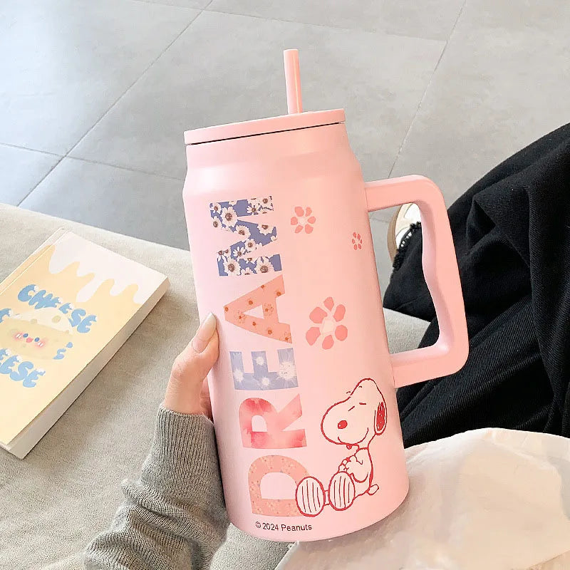 MINISO Snoopy Insulated Cup Large Capacity Straw Water Cup Black Portable Stainless Steel Cup Children'S Travel Cup