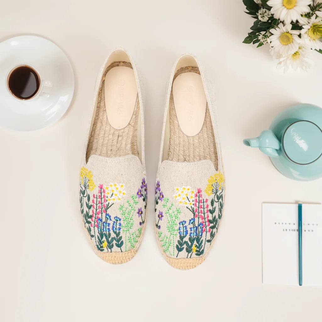 Espadrilles Women's Casual Flats Shoes with Embroidered Hemp Flat Platform, Round Toe Spring/Autumn Comfortable