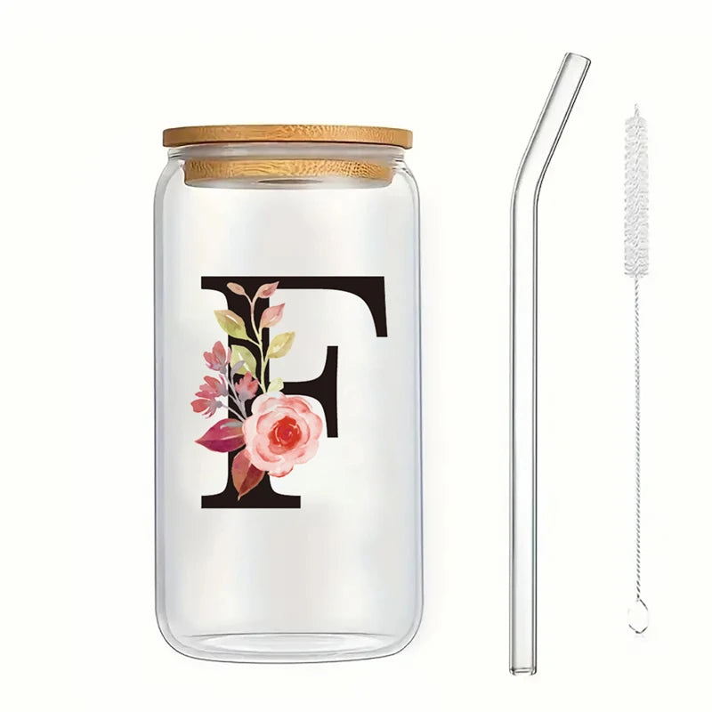 Alphabet Flowers Drinking Glass Letter A-Z Iced Coffee Water Juice Bottle Portable Clear Cup with Lid Straw Brush Birthday Gifts