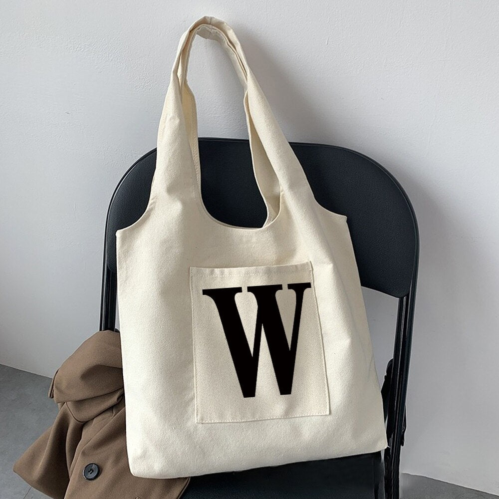 Women Fashion Shopping Bag Street Casual Hobo Commuter Bag Initial Name Graphic Print Beige Ladies Tote Bag Canvas Repeatable