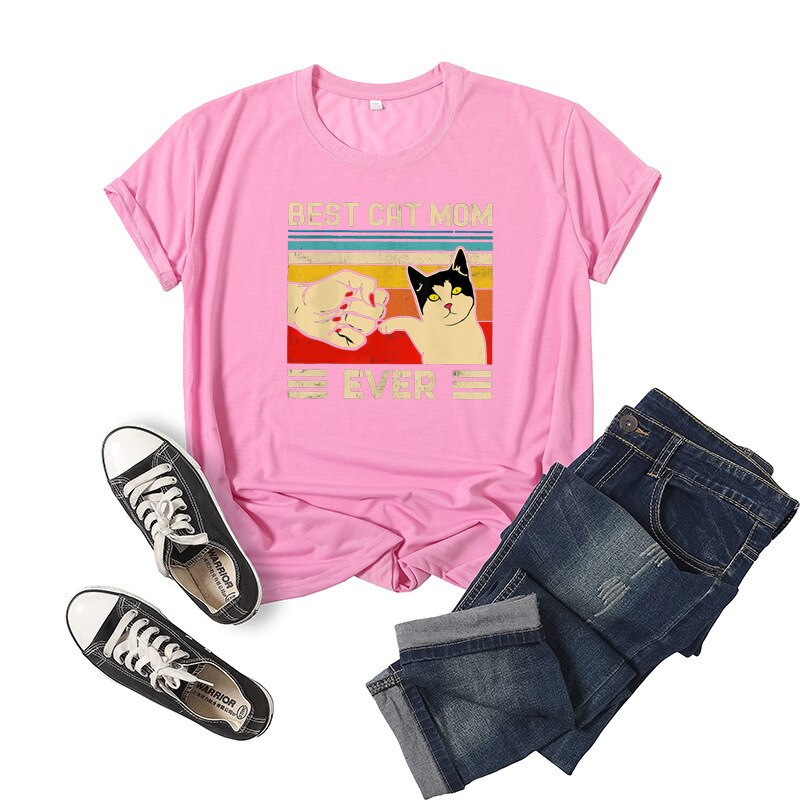 Best cat mom ever Letter Print Women T Shirt Short Sleeve ONeck Loose Women Tshirt Ladies Tee Shirt Tops Clothes Camisetas Mujer