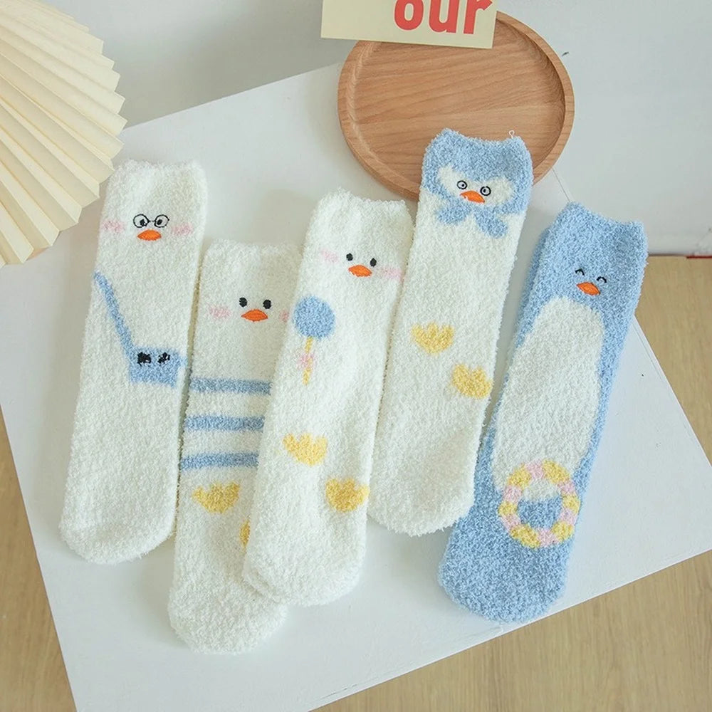 5 Pairs New Three-dimensional Ear Embroidery Cat Claw Coral Fleece Socks Cartoon Cat Confinement Warm Women Sleeping Socks