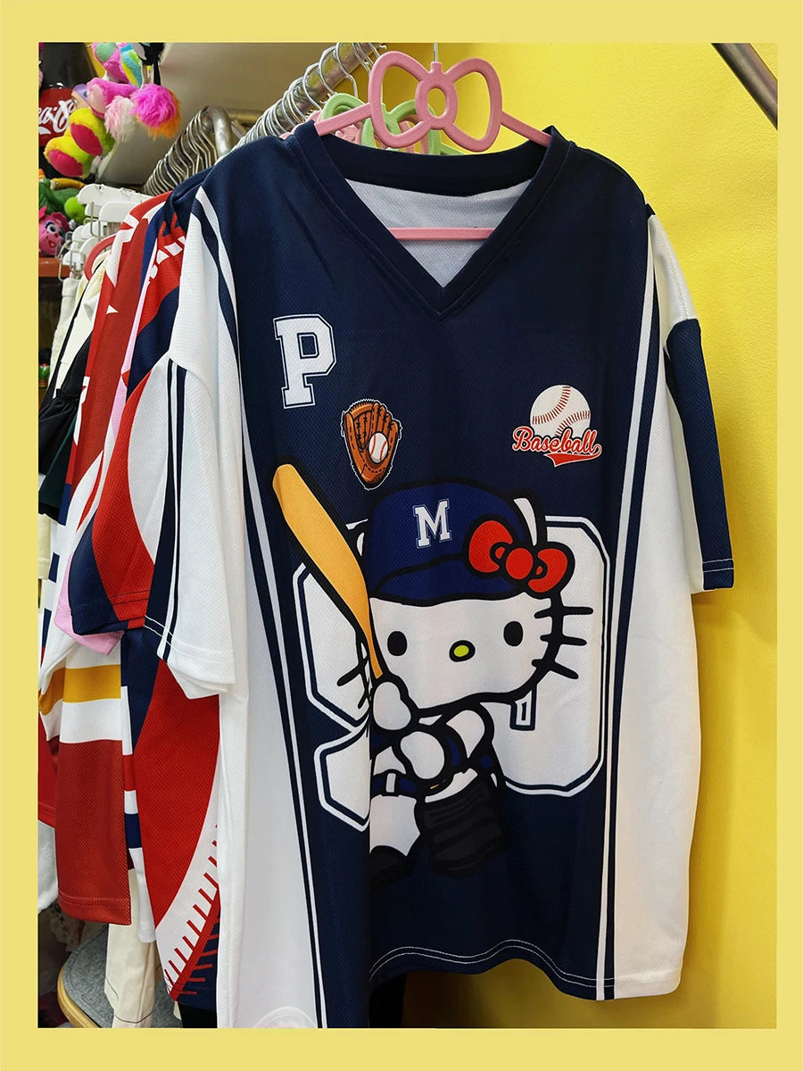 2025 MINISO New Sanrio Hello Kitty Sportswear Men And Women V-Neck Casual Lightweight Breathable Fashion Short Sleeved T-Shirt
