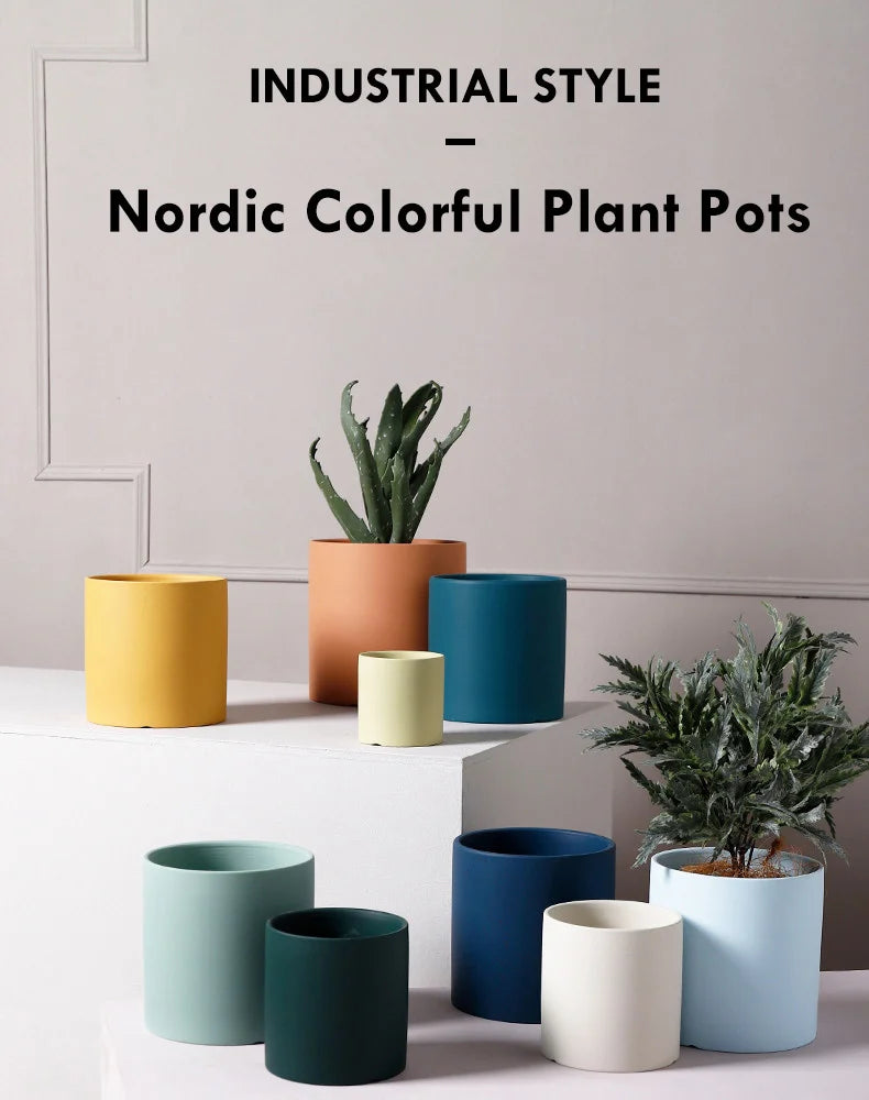 Flower Plant Pot Colorful Ceramic Flowerpot Nordic Style Succulent Planter Cylindrical Flower Pots With Hole Garden Decoration