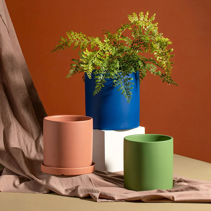 Flower Plant Pot Colorful Ceramic Flowerpot Nordic Style Succulent Planter Cylindrical Flower Pots With Hole Garden Decoration
