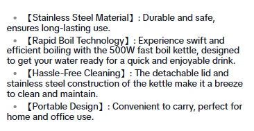 Portable Electric Kettle, 500W Fast Boil Kettle with Detachable Lid, 1 Count Stainless Steel Electric Water Cup for Home Office