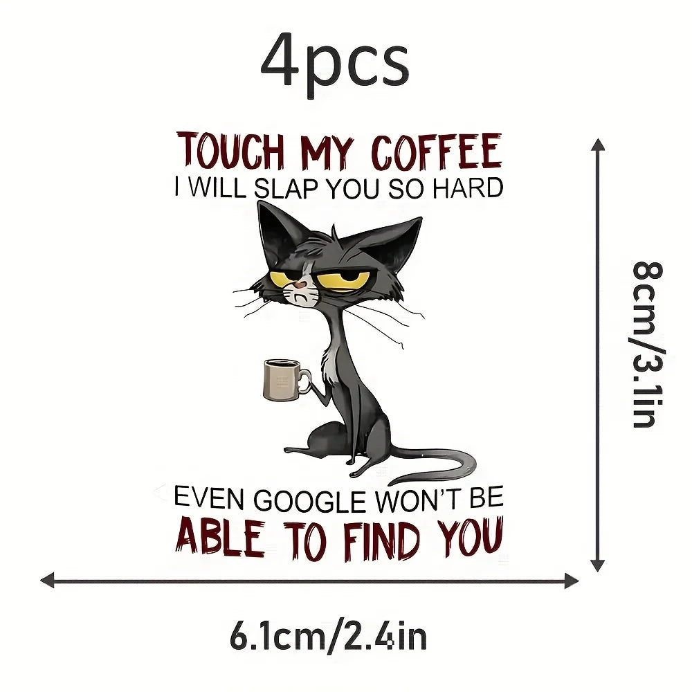 4pcs Cat Drink Coffee Design, UV DTF Cup Stickers, Waterproof Sticker Pack For Decorating Mugs, Cups, Bottles, School Supplies,