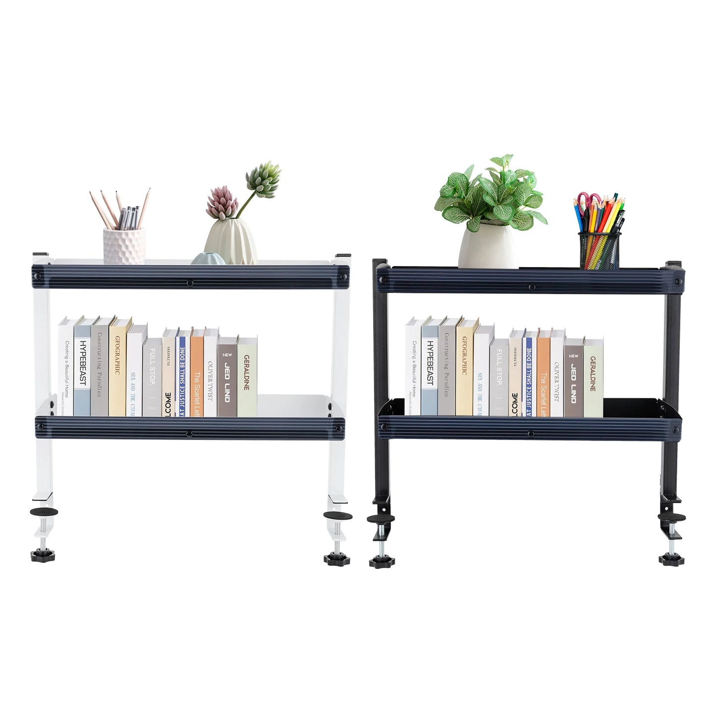 2-Tier Clamp-on Desk Shelf Space-saving Holder Shelving with Adjustable Storage Tray Black/White