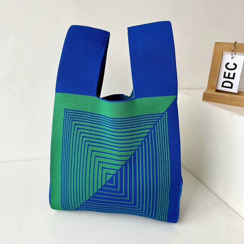 Knit Handbag Women Wrist Bag Korean Casual Wide Stripe Plaid Tote Bag Foldable Eco Shopping Bag Reusable Grocery Storage Bag