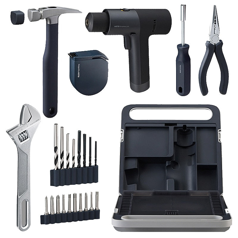 HOTO 12V Electric Drill Toolbox Mixed Repair Tool Set Power Hand Tool Kit For Home Installation Tool Needlenose Plier Hamer