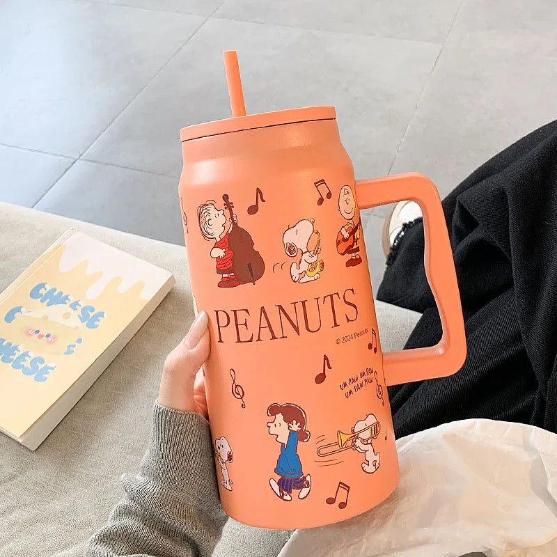 MINISO Snoopy Insulated Cup Large Capacity Straw Water Cup Black Portable Stainless Steel Cup Children'S Travel Cup