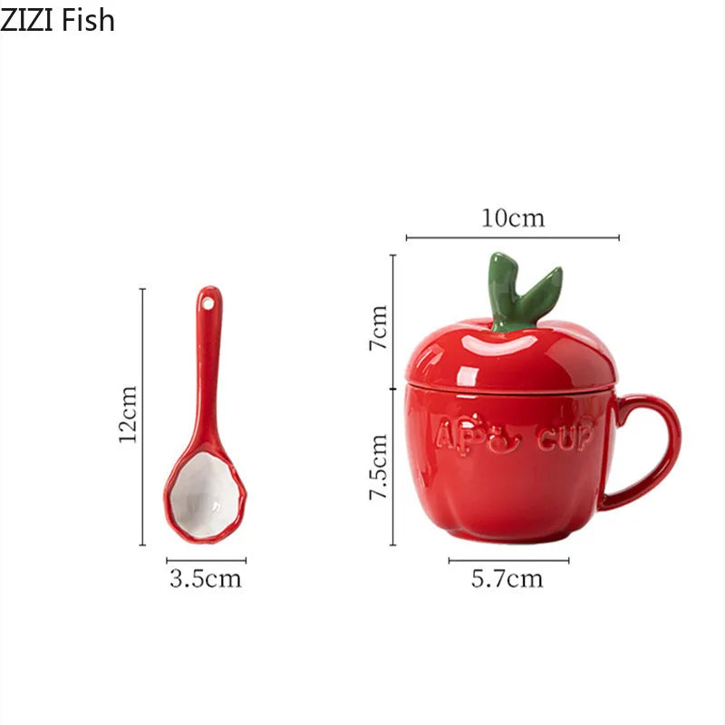 Ceramic Mug Cartoon Apple Fruit Shape Cover Band Tomato Coffee Cup Children's Breakfast Milk Mug Festivals Birthday Present