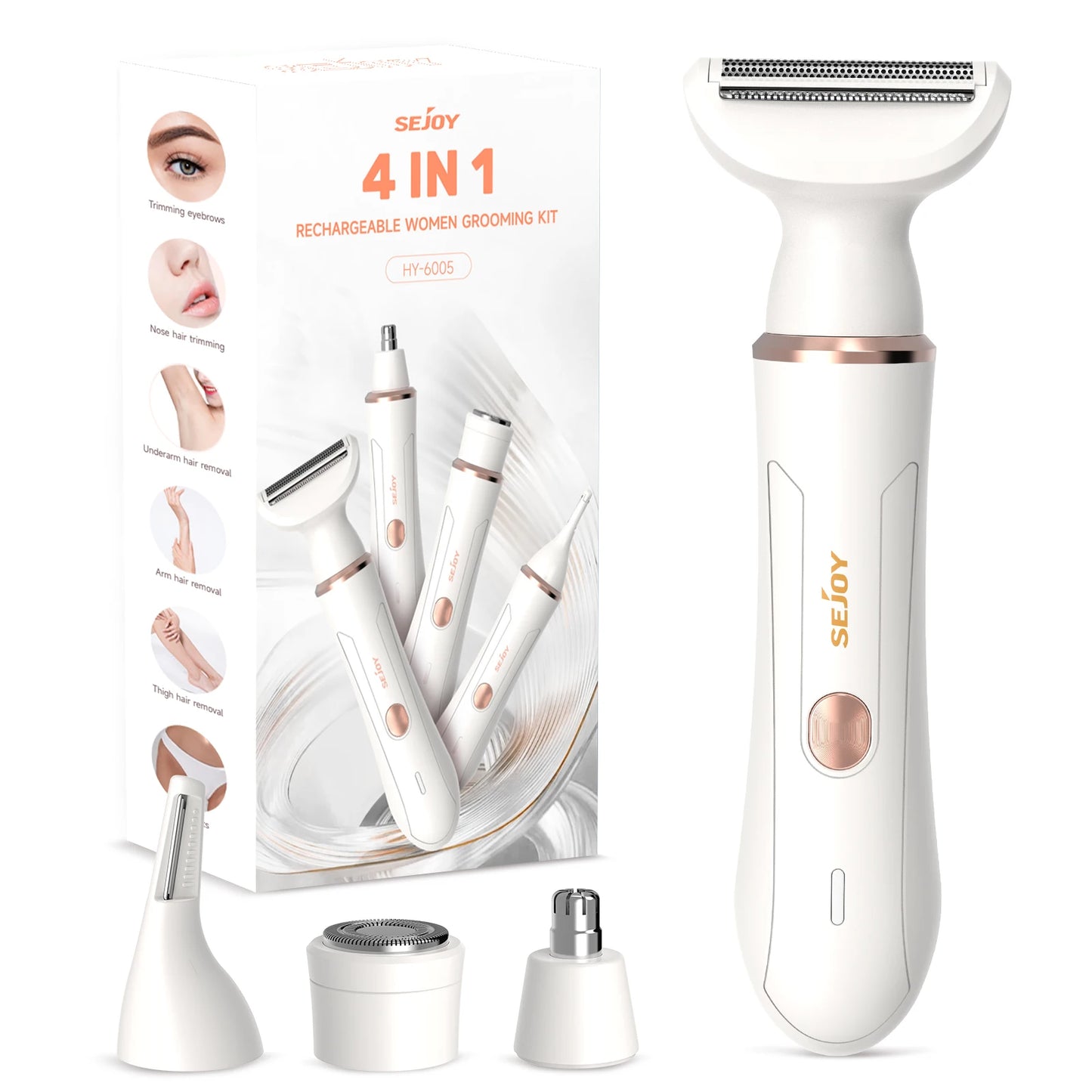 Sejoy 4 In 1 Electric Lady Shaver Portable, Body Hair Removal Epilator, Painless Cordless Trimmer Razor for Women