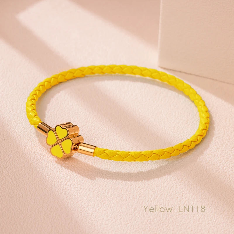Green Four-Leaf Clover Lucky Bracelet For Women Genuine Braided Leather Bracelet 9 Colors Birthday Party Jewelry ChiristmasGifts