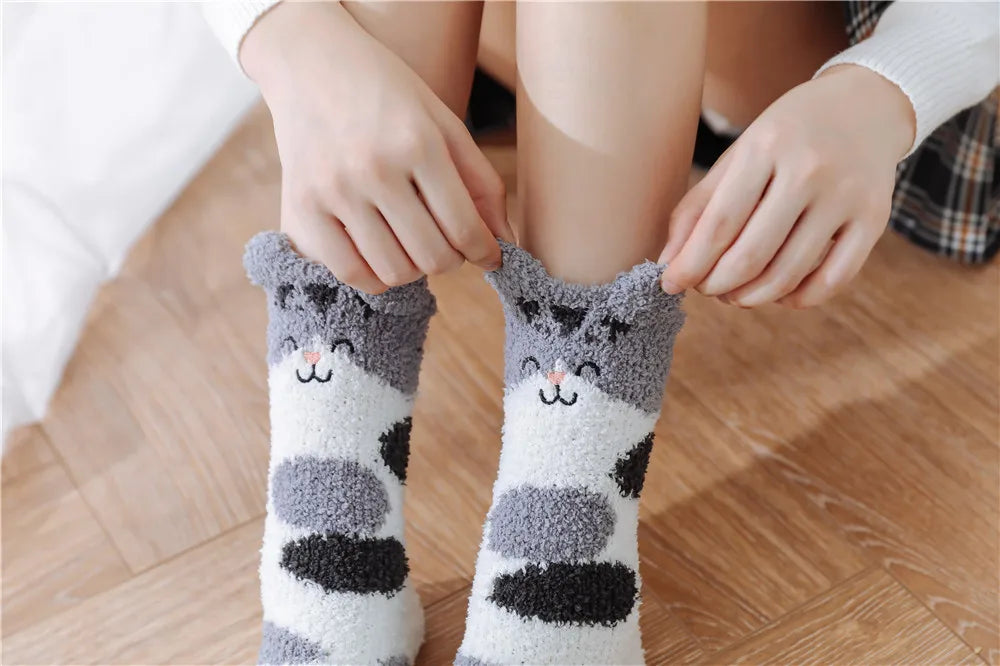 5 Pairs New Three-dimensional Ear Embroidery Cat Claw Coral Fleece Socks Cartoon Cat Confinement Warm Women Sleeping Socks