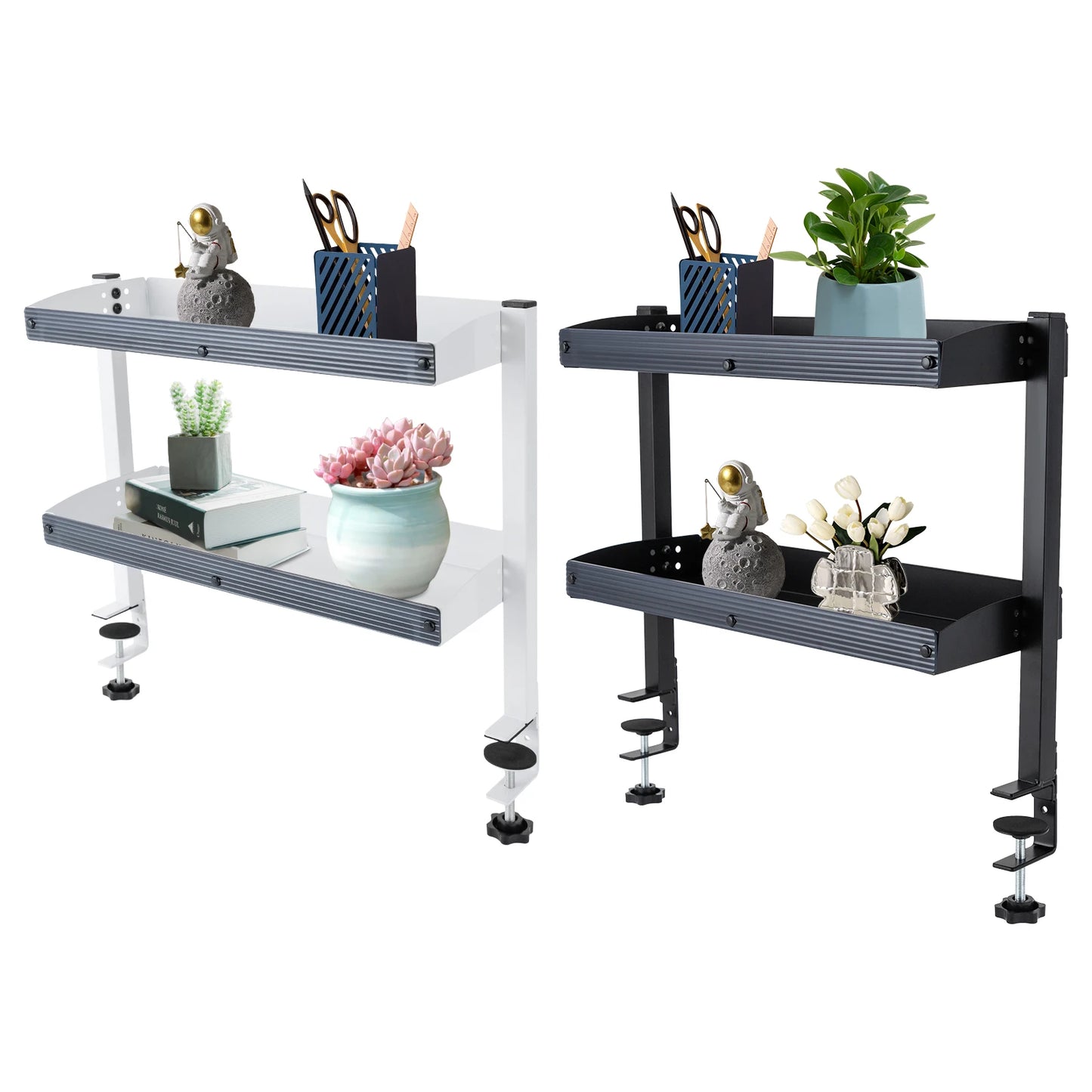 2-Tier Clamp-on Desk Shelf Space-saving Holder Shelving with Adjustable Storage Tray Black/White