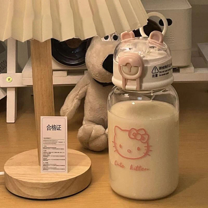 600ML Sanrio Hello Kitty Pochacco Transparent Straw Cup Anime Cartoon Kuromi Cinnamoroll For Kid Kawaii Bottle Water Cup Gifts