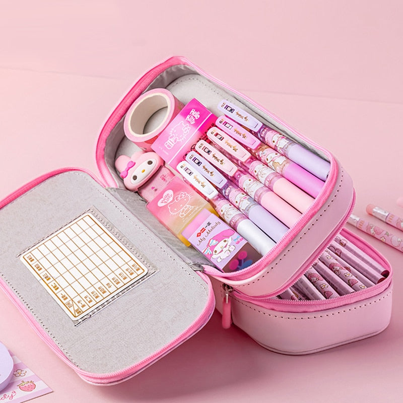 Sanrio PU Large Capacity Pencil Case Kawaii HelloKitty Cinnamoroll Melody School Pencils Bag Pouch Pen Case Supplies Stationery