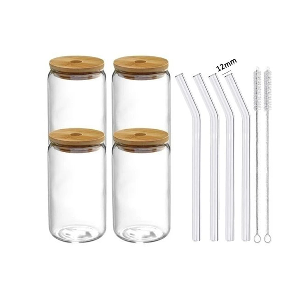 1/4/6pcs Set Glass Cup With Lid and Straw Juice Glass Beer Can Milk Mocha Cup Transparent Bubble Tea Cup High Borosilicate Glass