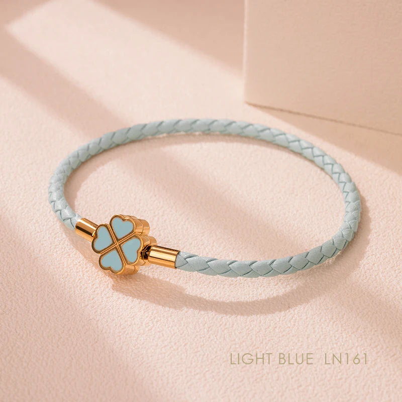 Green Four-Leaf Clover Lucky Bracelet For Women Genuine Braided Leather Bracelet 9 Colors Birthday Party Jewelry ChiristmasGifts