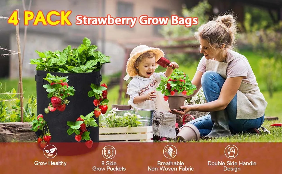 Upgrade Strawberry Grow Bags, 2/4/6 Pack 10 Gallon Planter with 8 Side Grow Pockets Breathable Growing Bag for Strawberries Grow