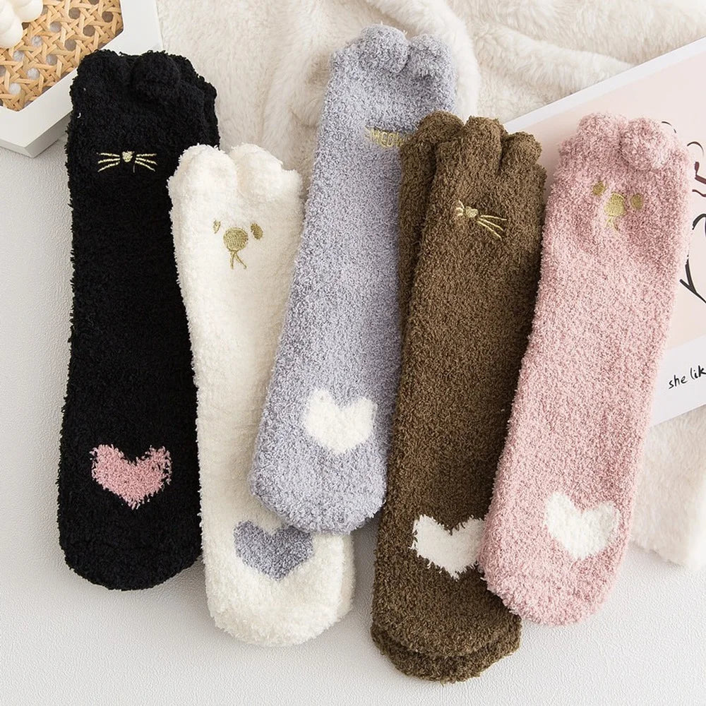 5 Pairs New Three-dimensional Ear Embroidery Cat Claw Coral Fleece Socks Cartoon Cat Confinement Warm Women Sleeping Socks