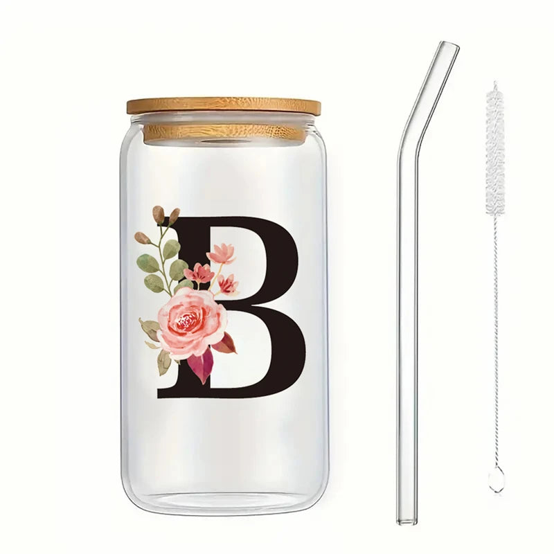 Alphabet Flowers Drinking Glass Letter A-Z Iced Coffee Water Juice Bottle Portable Clear Cup with Lid Straw Brush Birthday Gifts