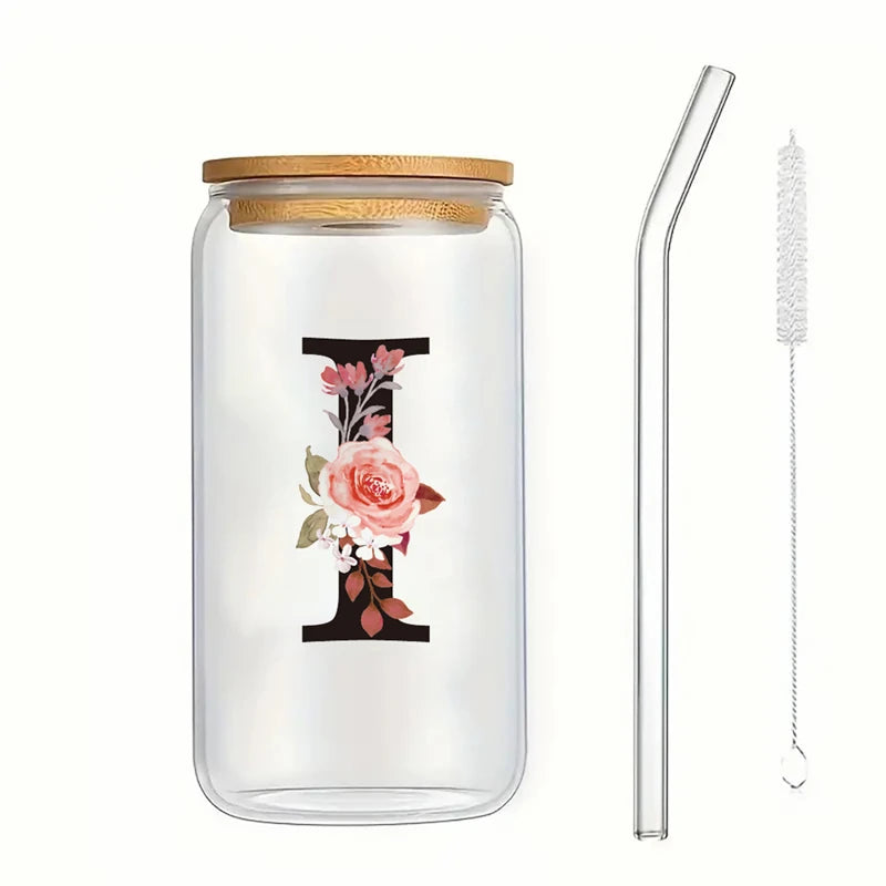 Alphabet Flowers Drinking Glass Letter A-Z Iced Coffee Water Juice Bottle Portable Clear Cup with Lid Straw Brush Birthday Gifts