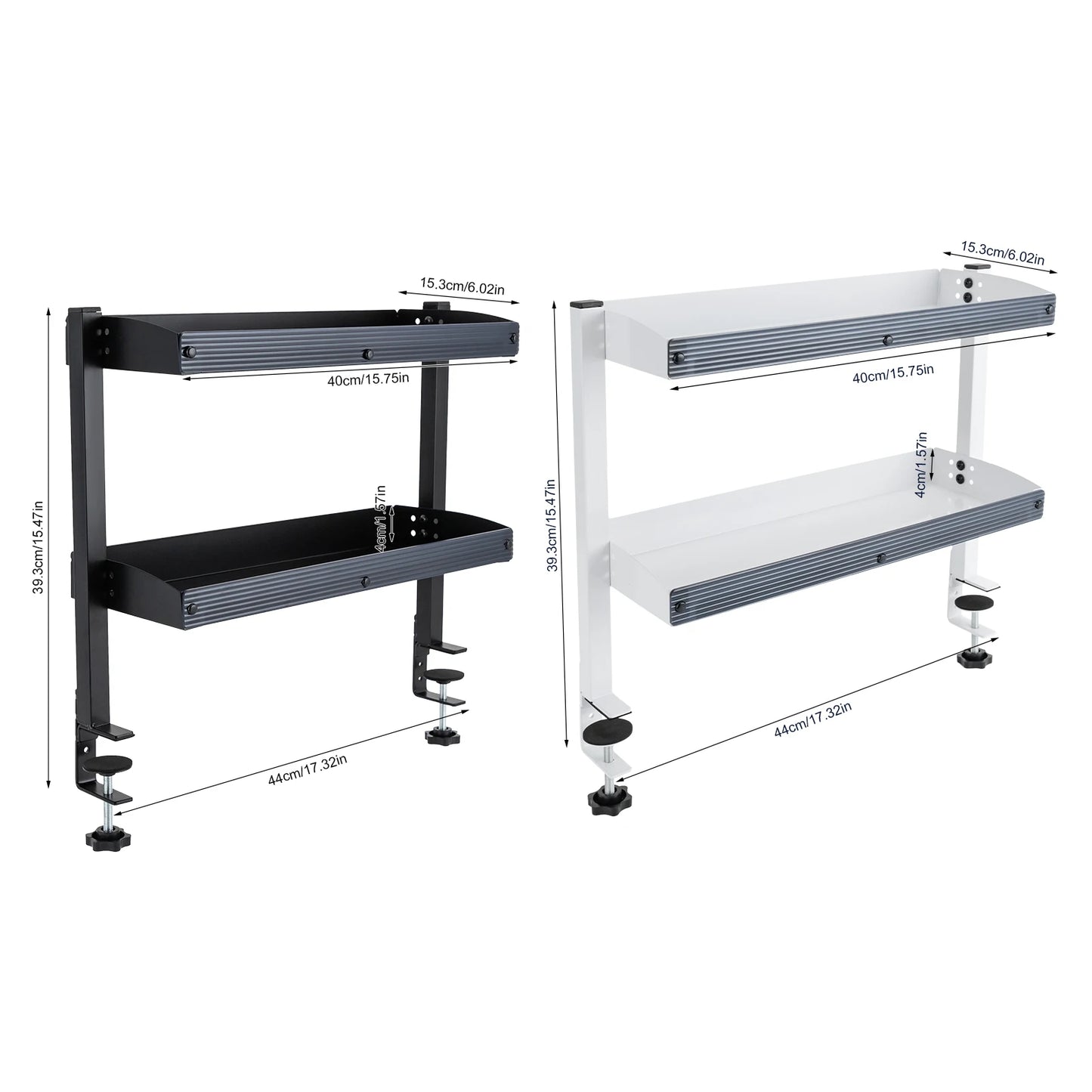 2-Tier Clamp-on Desk Shelf Space-saving Holder Shelving with Adjustable Storage Tray Black/White