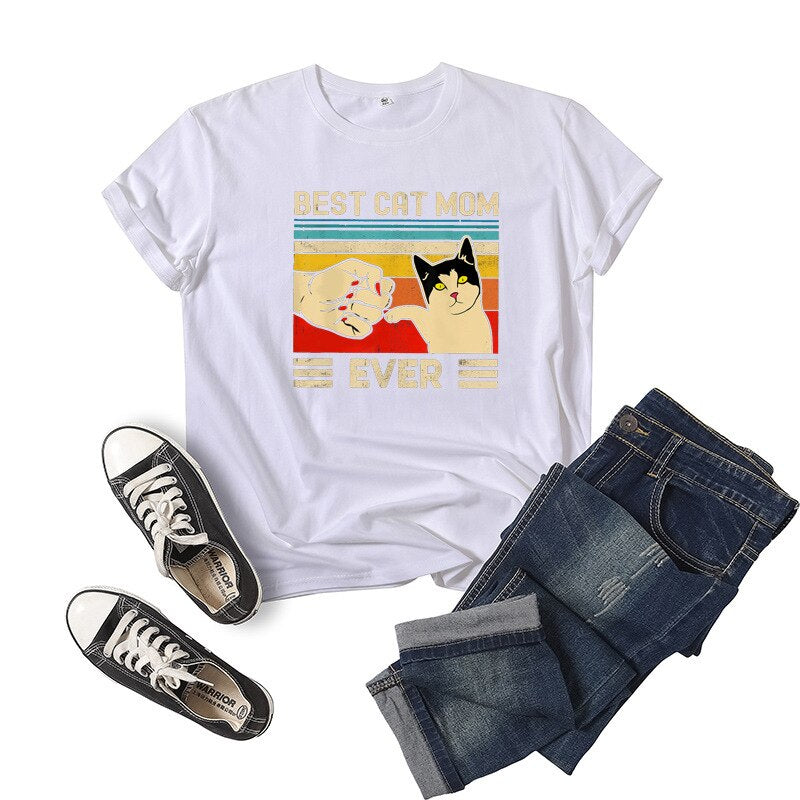 Best cat mom ever Letter Print Women T Shirt Short Sleeve ONeck Loose Women Tshirt Ladies Tee Shirt Tops Clothes Camisetas Mujer